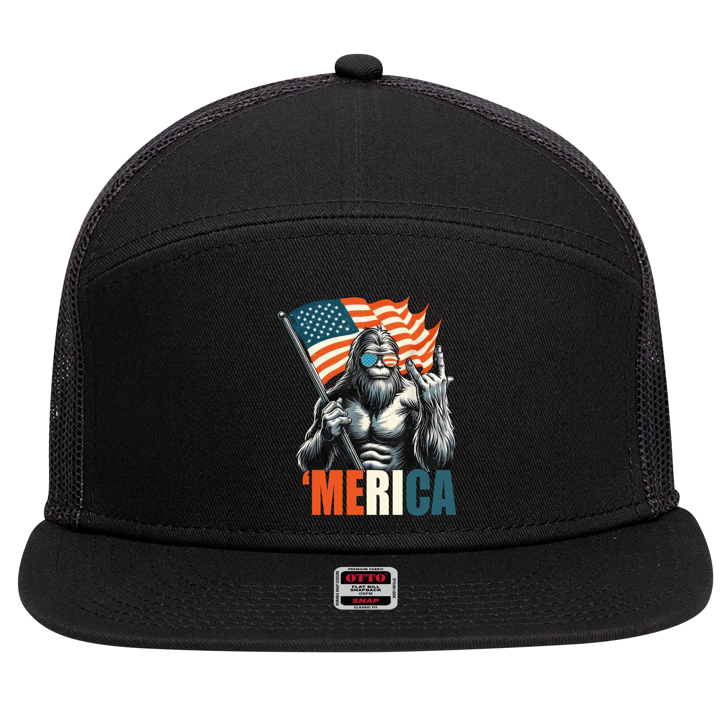 Bigfoot Merica Rock American Flag Patriotic 4th Of July 7 Panel Mesh Trucker Snapback Hat