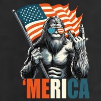 Bigfoot Merica Rock American Flag Patriotic 4th Of July 7 Panel Mesh Trucker Snapback Hat