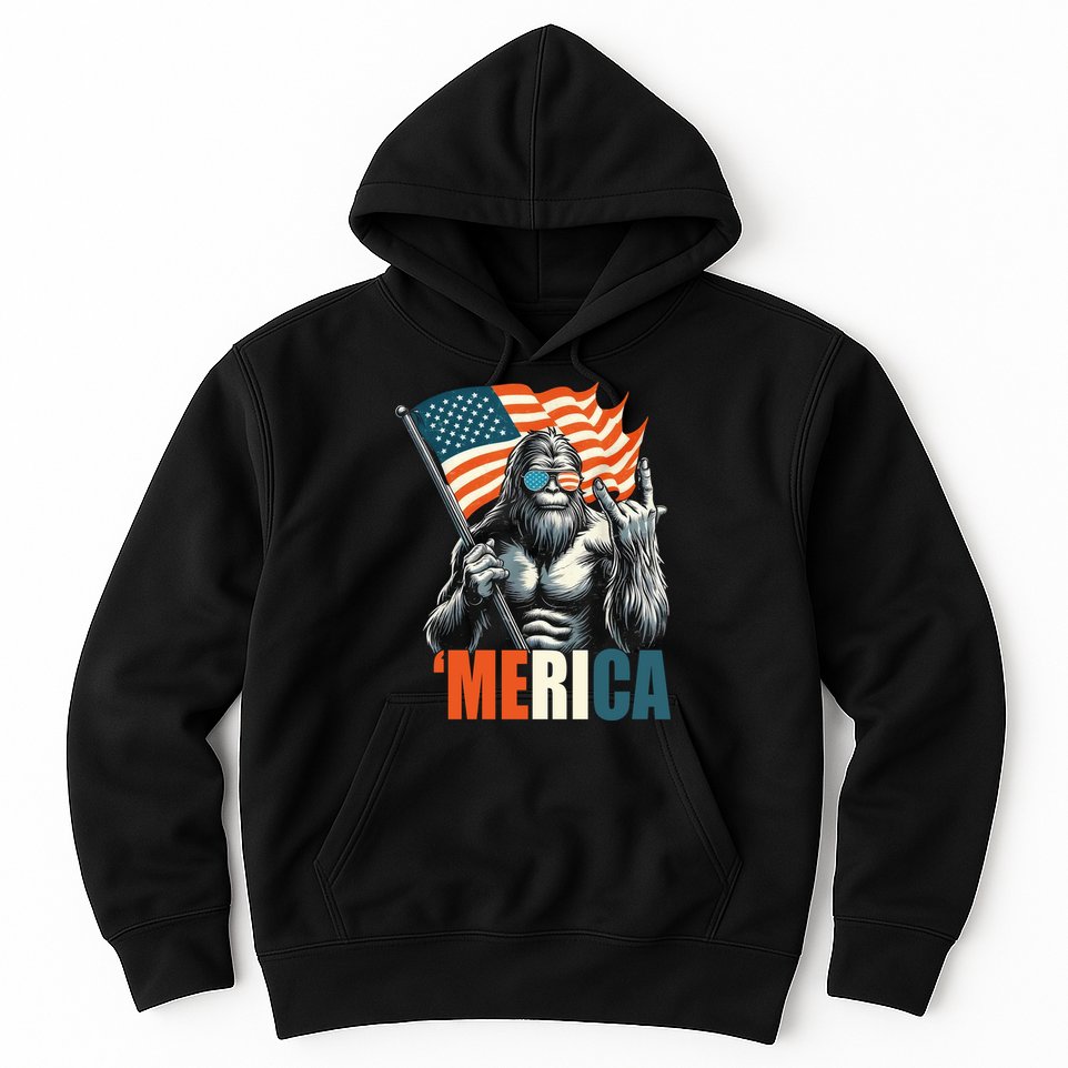 Bigfoot Merica Rock American Flag Patriotic 4th Of July Hoodie