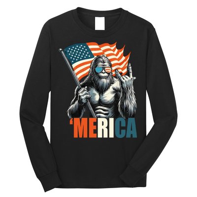 Bigfoot Merica Rock American Flag Patriotic 4th Of July Long Sleeve Shirt