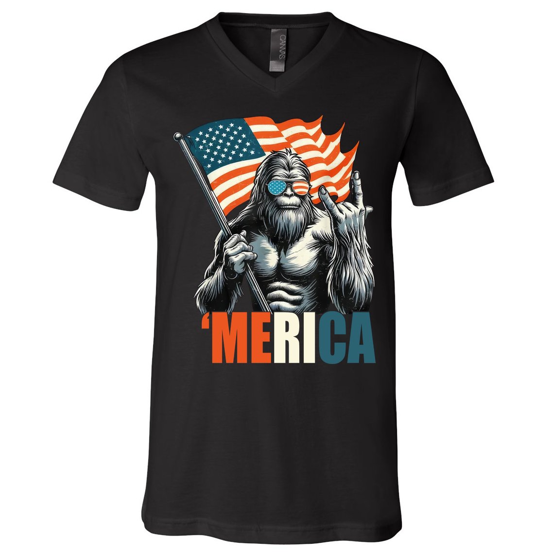 Bigfoot Merica Rock American Flag Patriotic 4th Of July V-Neck T-Shirt
