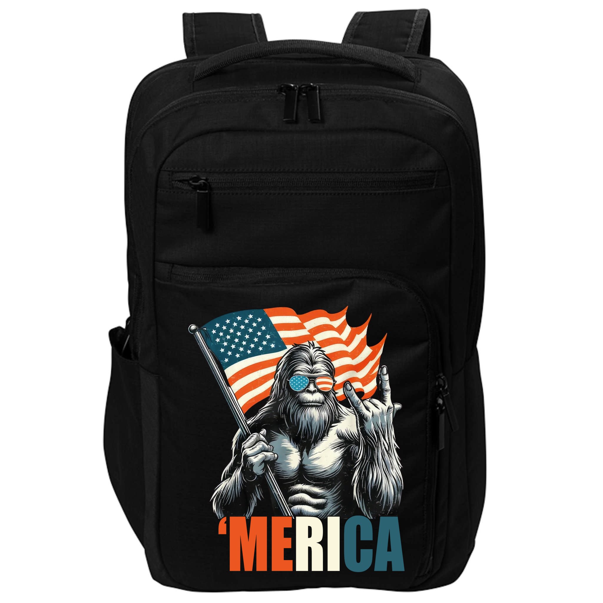 Bigfoot Merica Rock American Flag Patriotic 4th Of July Impact Tech Backpack