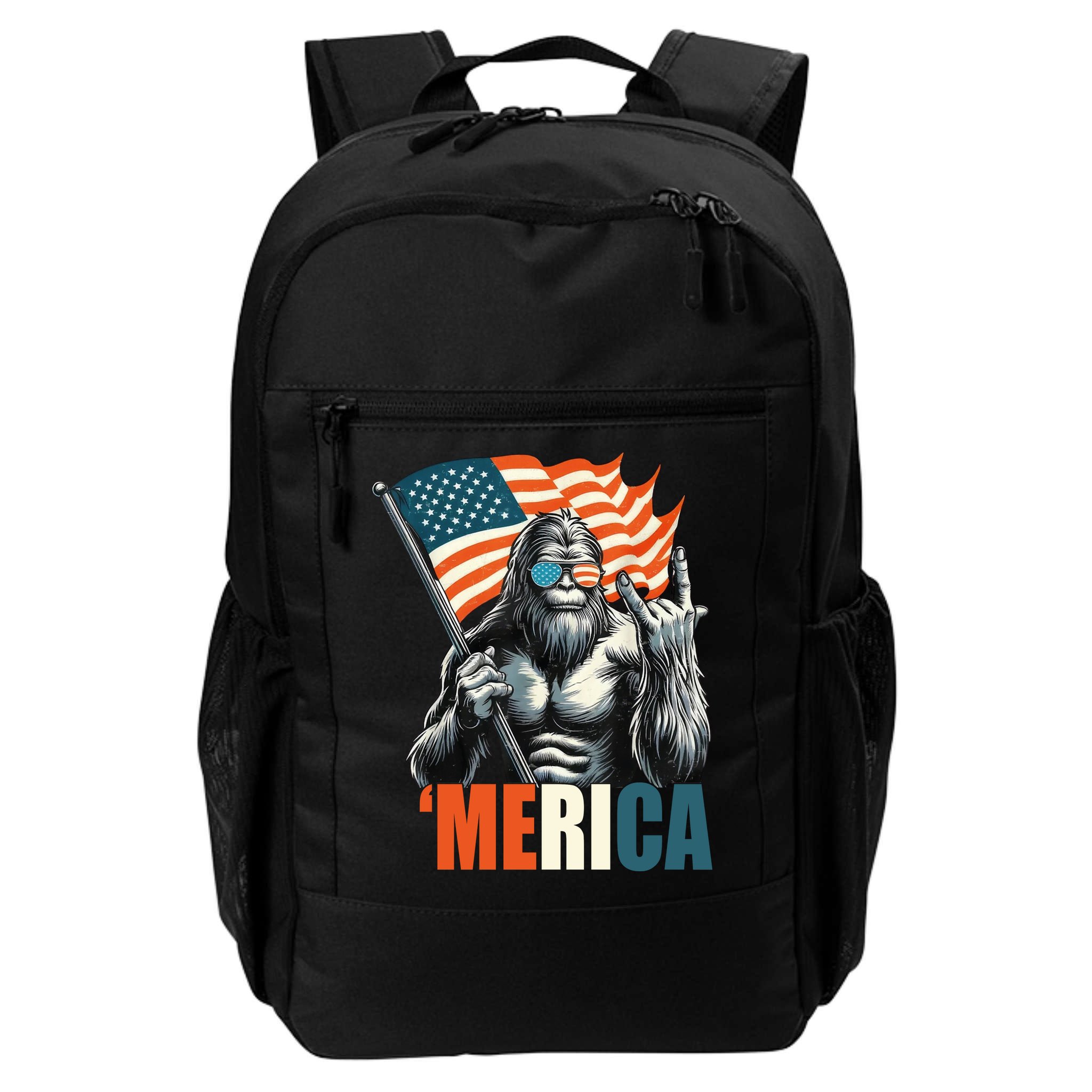 Bigfoot Merica Rock American Flag Patriotic 4th Of July Backpack