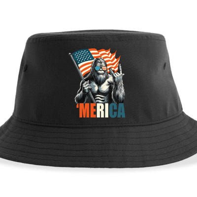 Bigfoot Merica Rock American Flag Patriotic 4th Of July Sustainable Bucket Hat
