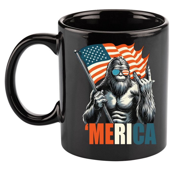 Bigfoot Merica Rock American Flag Patriotic 4th Of July 11oz C Handle Ceramic Mug