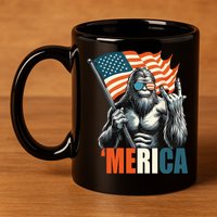 Bigfoot Merica Rock American Flag Patriotic 4th Of July 11oz C Handle Ceramic Mug