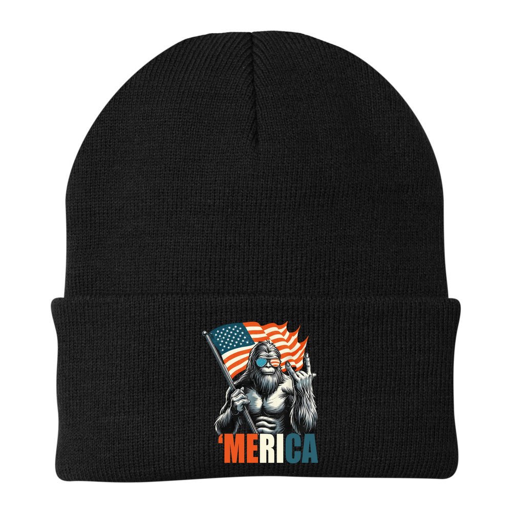 Bigfoot Merica Rock American Flag Patriotic 4th Of July Beanie