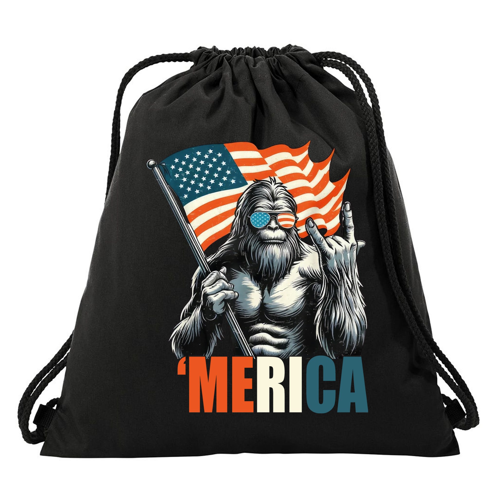 Bigfoot Merica Rock American Flag Patriotic 4th Of July Drawstring Bag