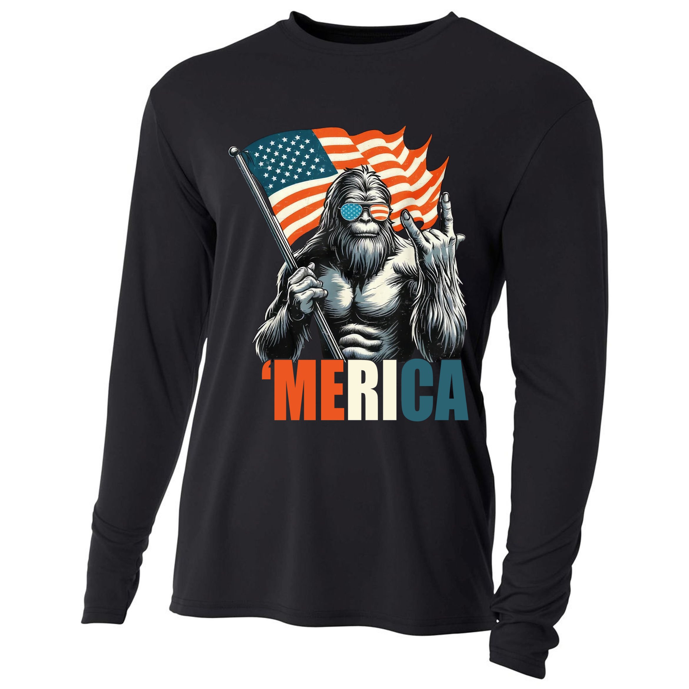 Bigfoot Merica Rock American Flag Patriotic 4th Of July Cooling Performance Long Sleeve Crew