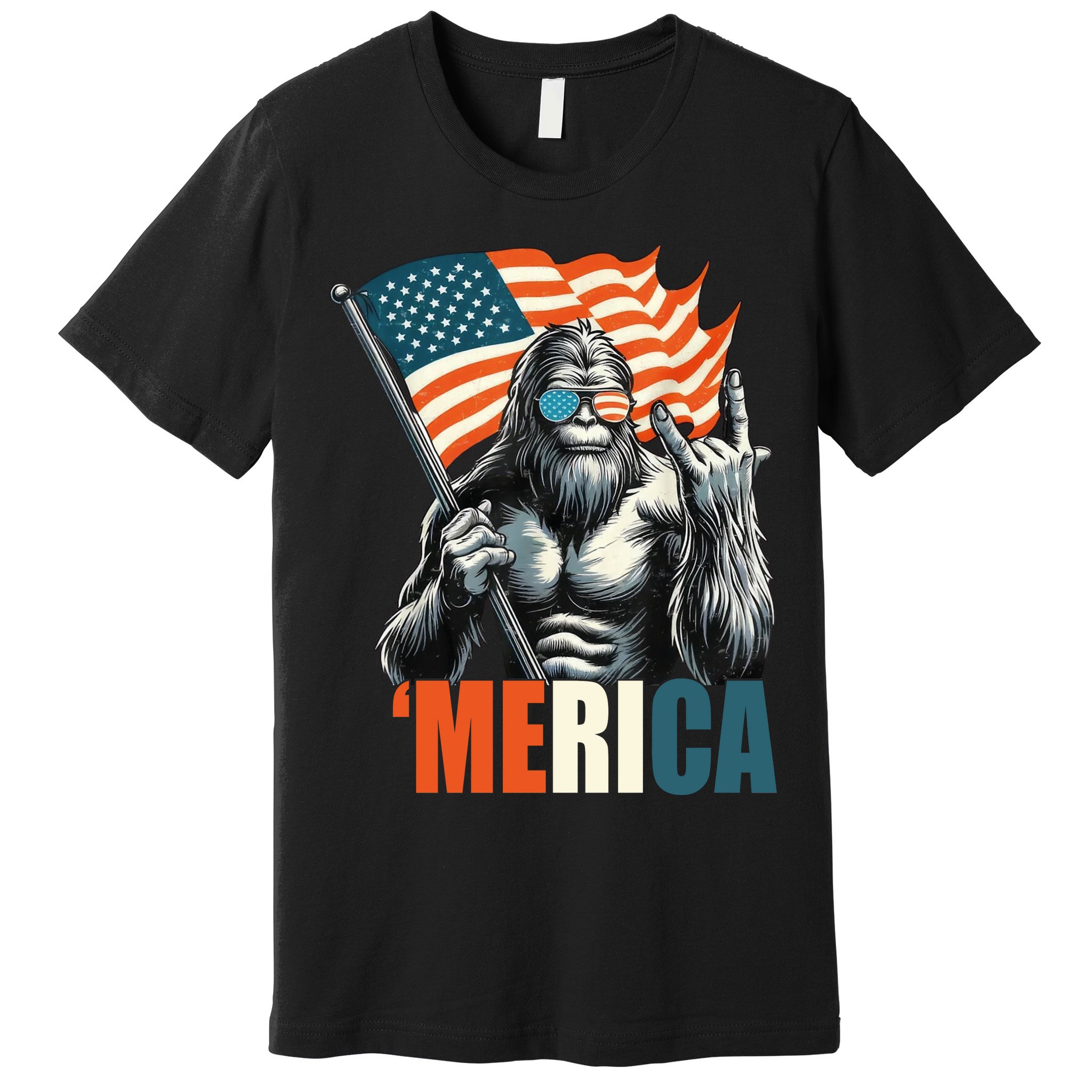 Bigfoot Merica Rock American Flag Patriotic 4th Of July Premium T-Shirt