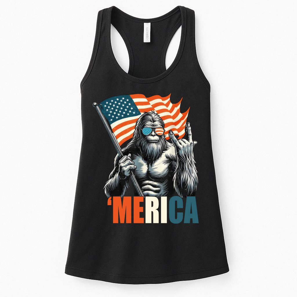 Bigfoot Merica Rock American Flag Patriotic 4th Of July Womens Tank Top