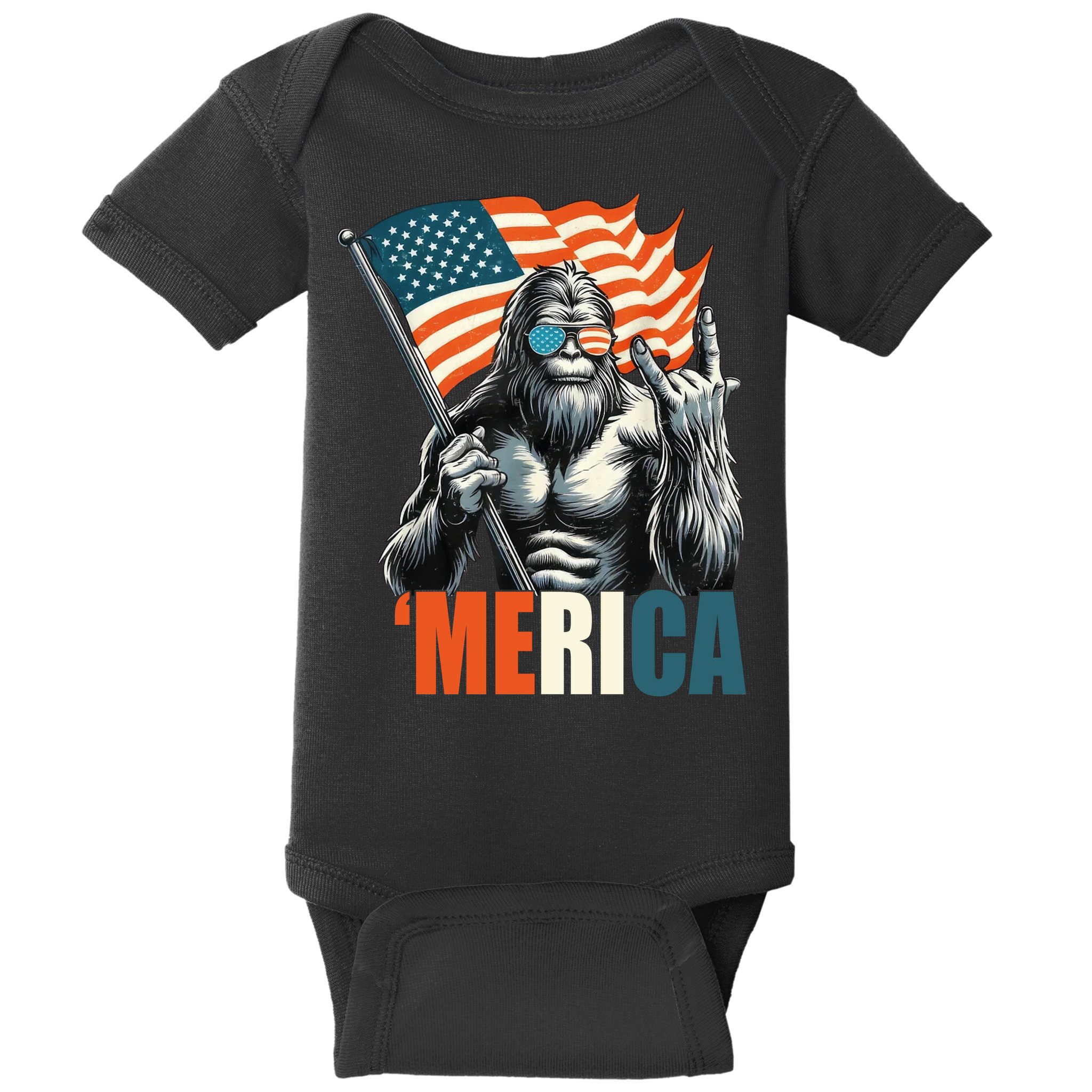 Bigfoot Merica Rock American Flag Patriotic 4th Of July Baby Bodysuit