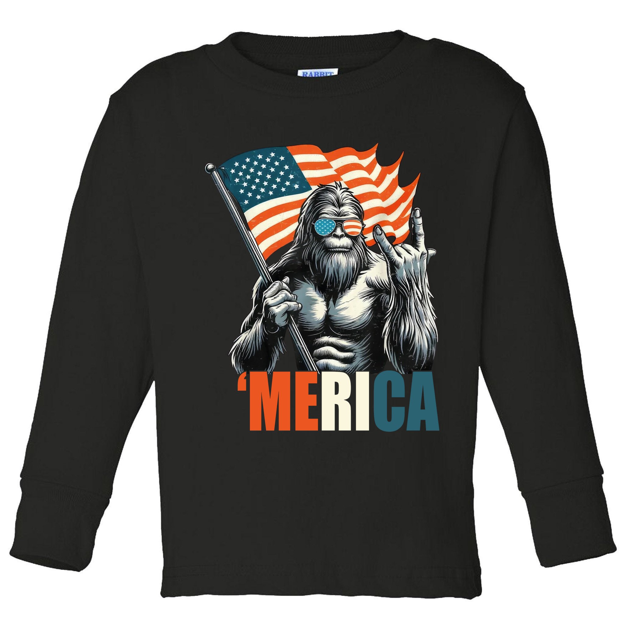 Bigfoot Merica Rock American Flag Patriotic 4th Of July Toddler Long Sleeve Shirt