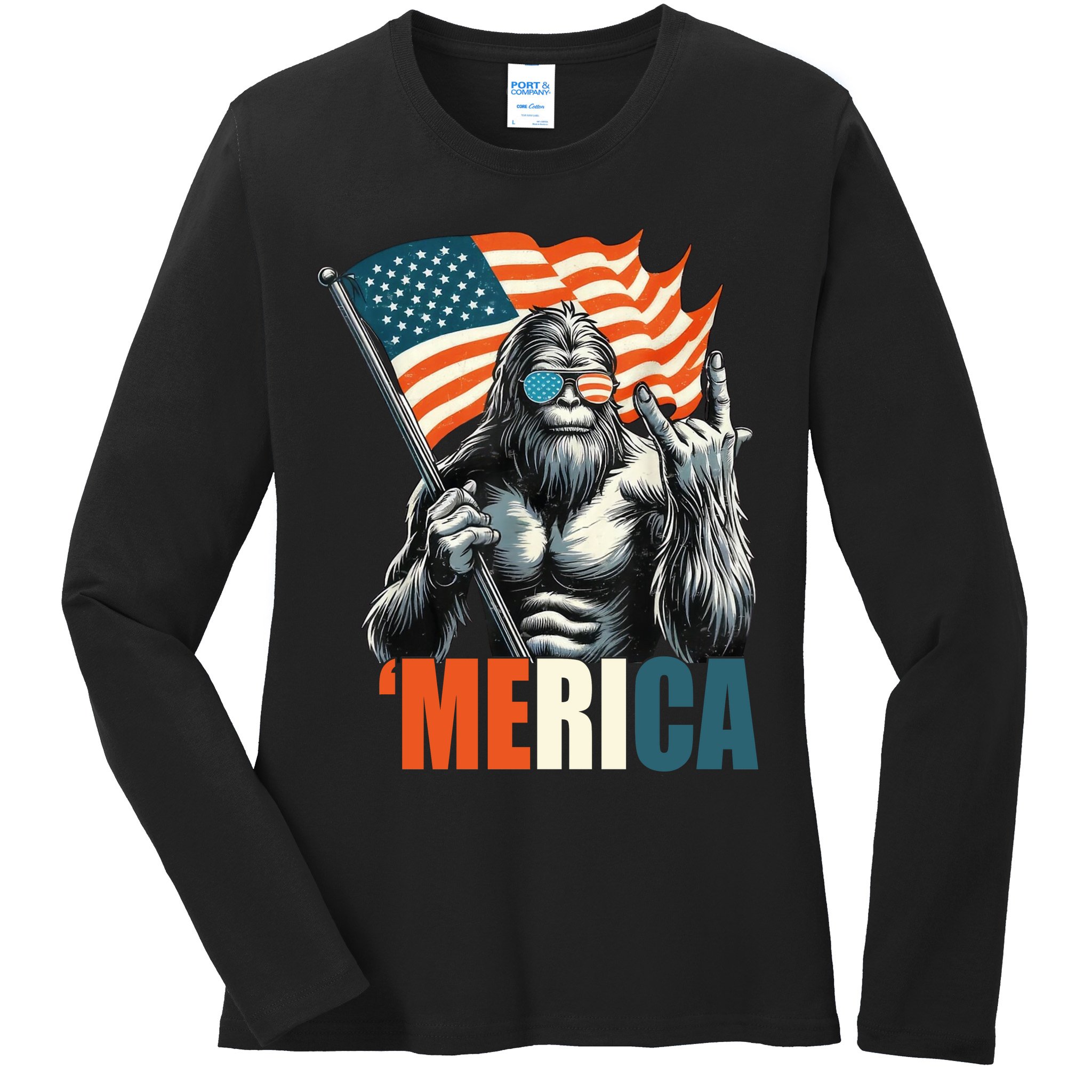 Bigfoot Merica Rock American Flag Patriotic 4th Of July Ladies Long Sleeve Shirt