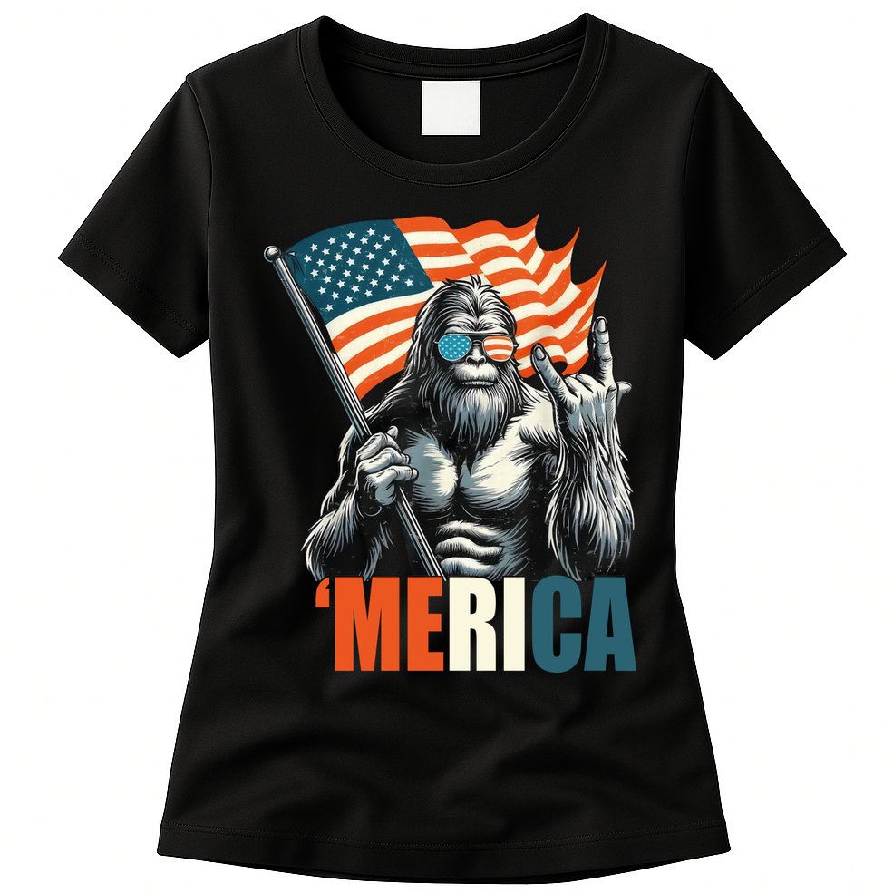 Bigfoot Merica Rock American Flag Patriotic 4th Of July Womens T-Shirt