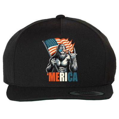 Bigfoot Merica Rock American Flag Patriotic 4th Of July Wool Snapback Cap