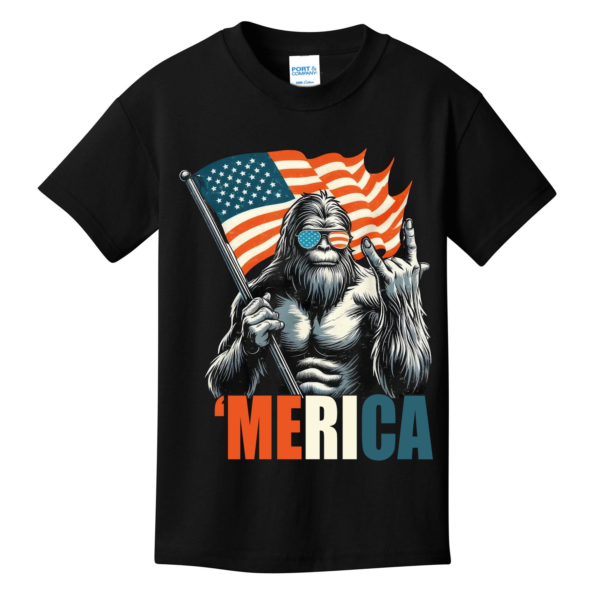 Bigfoot Merica Rock American Flag Patriotic 4th Of July Kids T-Shirt