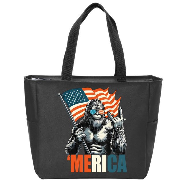 Bigfoot Merica Rock American Flag Patriotic 4th Of July Zip Tote Bag