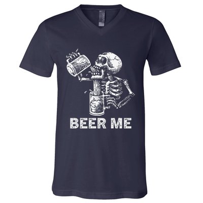 Beer Me Skeleton Scary Spooky Drinking Party Gift V-Neck T-Shirt