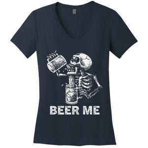 Beer Me Skeleton Scary Spooky Drinking Party Gift Women's V-Neck T-Shirt