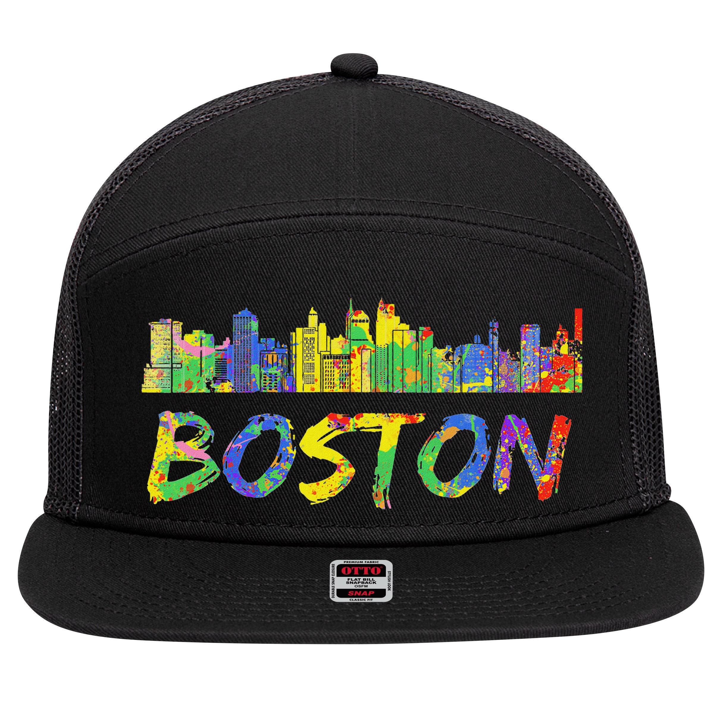 Boston Massachusetts Skyline Paint 7 Panel Mesh Trucker Snapback Hat