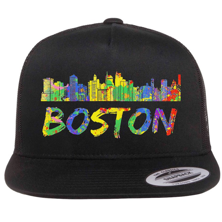 Boston Massachusetts Skyline Paint Flat Bill Trucker Hat
