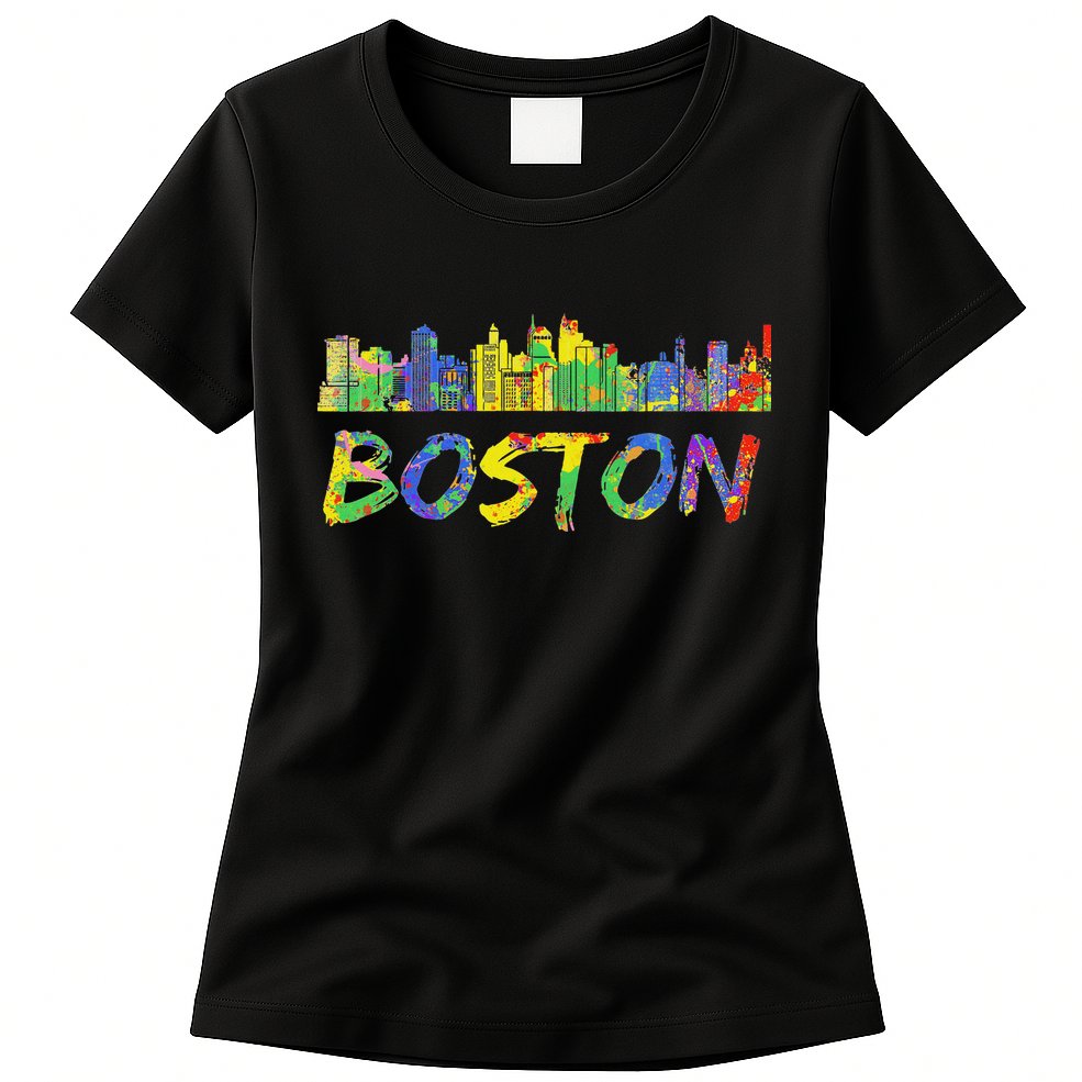 Boston Massachusetts Skyline Paint Womens T-Shirt