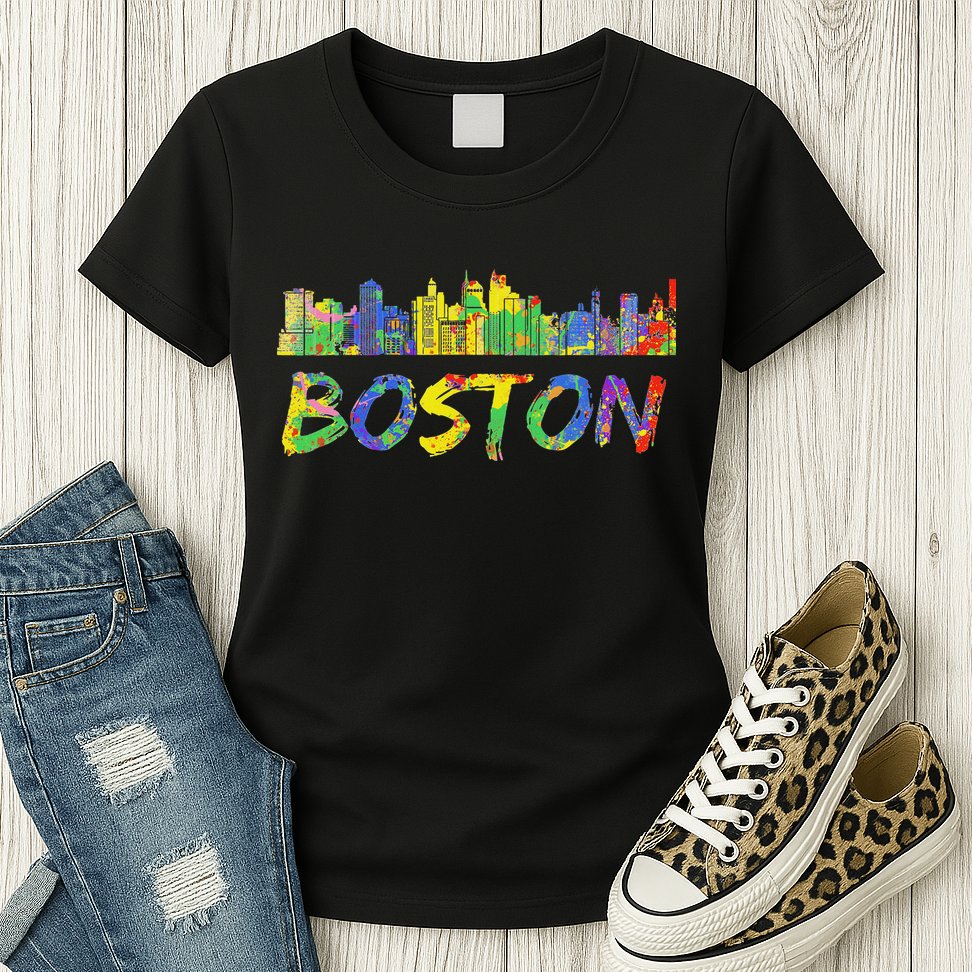 Boston Massachusetts Skyline Paint Womens T-Shirt