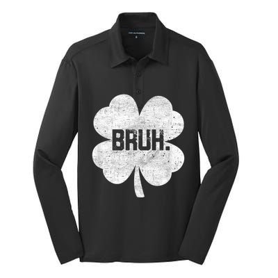 Bruh Meme Shamrock Funny St Patricks Day Silk Touch Performance Long Sleeve Polo