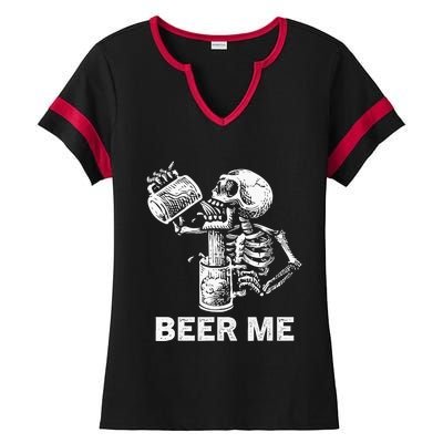 Beer Me Skeleton Scary Spooky Drinking Party Gift Ladies Halftime Notch Neck Tee