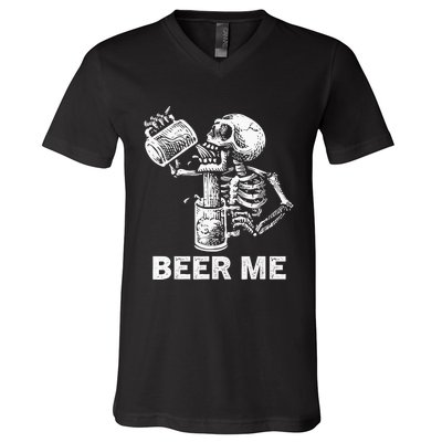 Beer Me Skeleton Scary Spooky Drinking Party Gift V-Neck T-Shirt