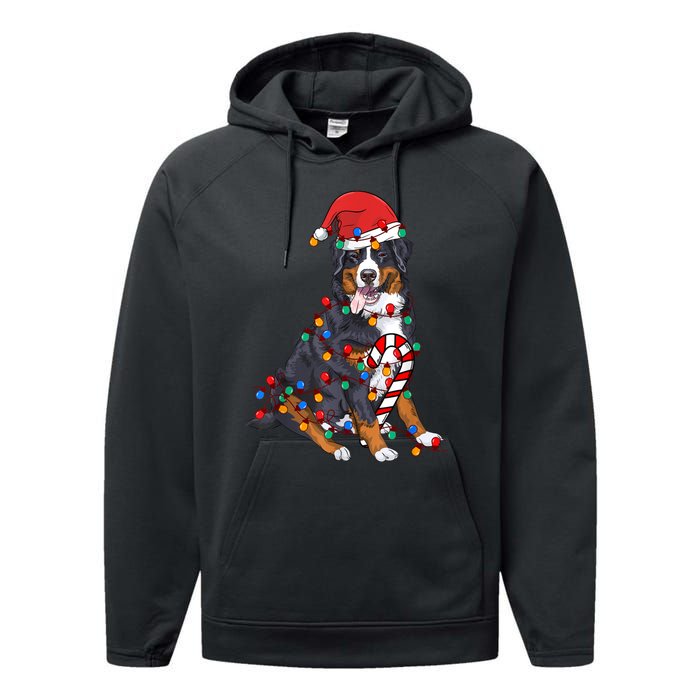 Bernese Mountain Santa Christmas Lights Dog Lover Pajama Performance Fleece Hoodie