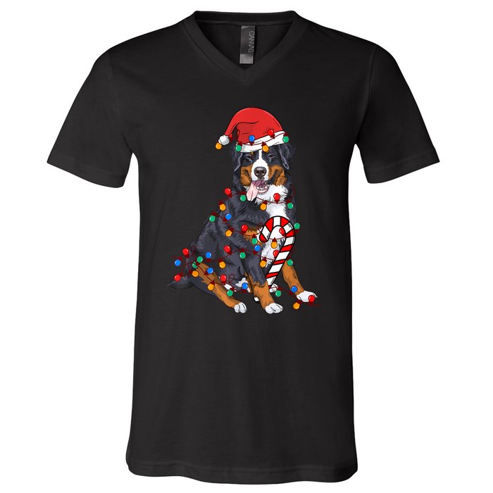 Bernese Mountain Santa Christmas Lights Dog Lover Pajama V-Neck T-Shirt