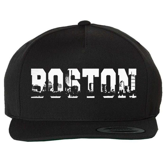 Boston Massachusetts Skyline Graphic Apparel Wool Snapback Cap