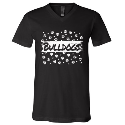 Bulldogs Mascot School Spirit Back To School Footprint Squad V-Neck T-Shirt