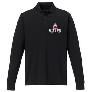 Bite Me Shark Lover Week Awareness Animal Ocean Summer Performance Long Sleeve Polo