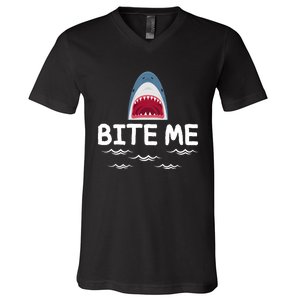 Bite Me Shark Lover Week Awareness Animal Ocean Summer V-Neck T-Shirt