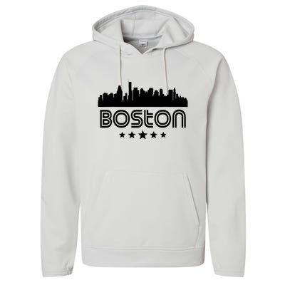 Boston Massachusetts Skyline Retro Style Performance Fleece Hoodie