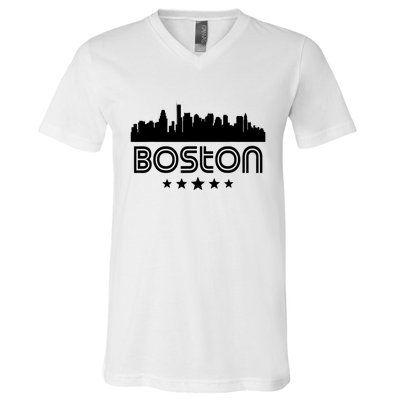 Boston Massachusetts Skyline Retro Style V-Neck T-Shirt