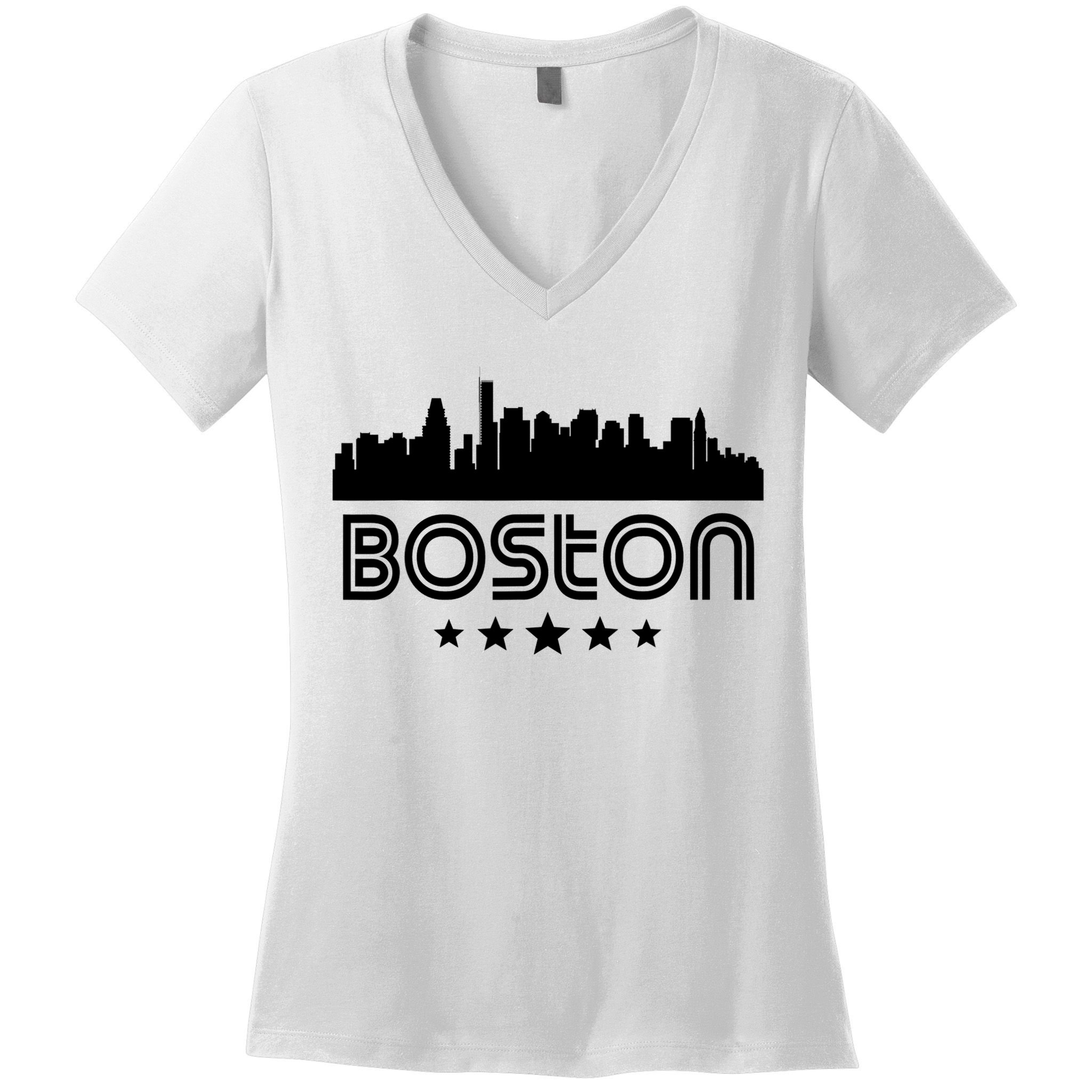 Boston Massachusetts Skyline Retro Style Women's V-Neck T-Shirt