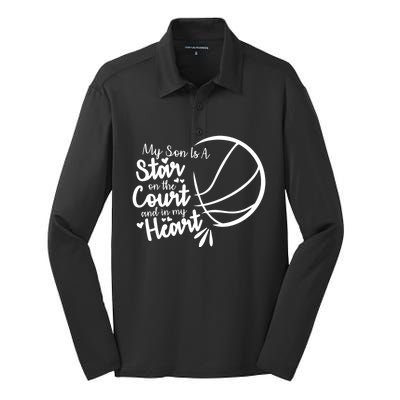 Basketball My Son Is A Star On The Court And In My Heart Gift Silk Touch Performance Long Sleeve Polo