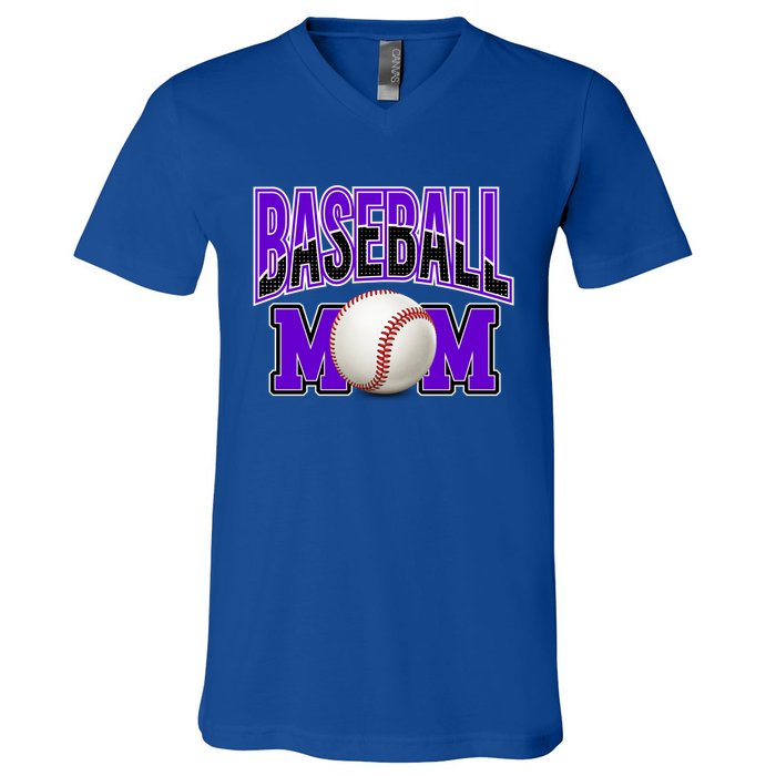 Baseball Mom Sports Purple Black White Cute Gift V-Neck T-Shirt