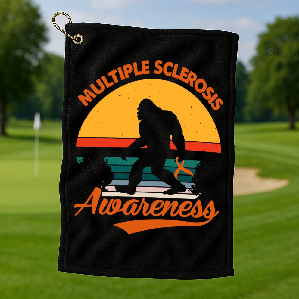 Bigfoot Multiple Sclerosis Awareness Vintage Orange Ribbon Multiple Scleros Golf Towel