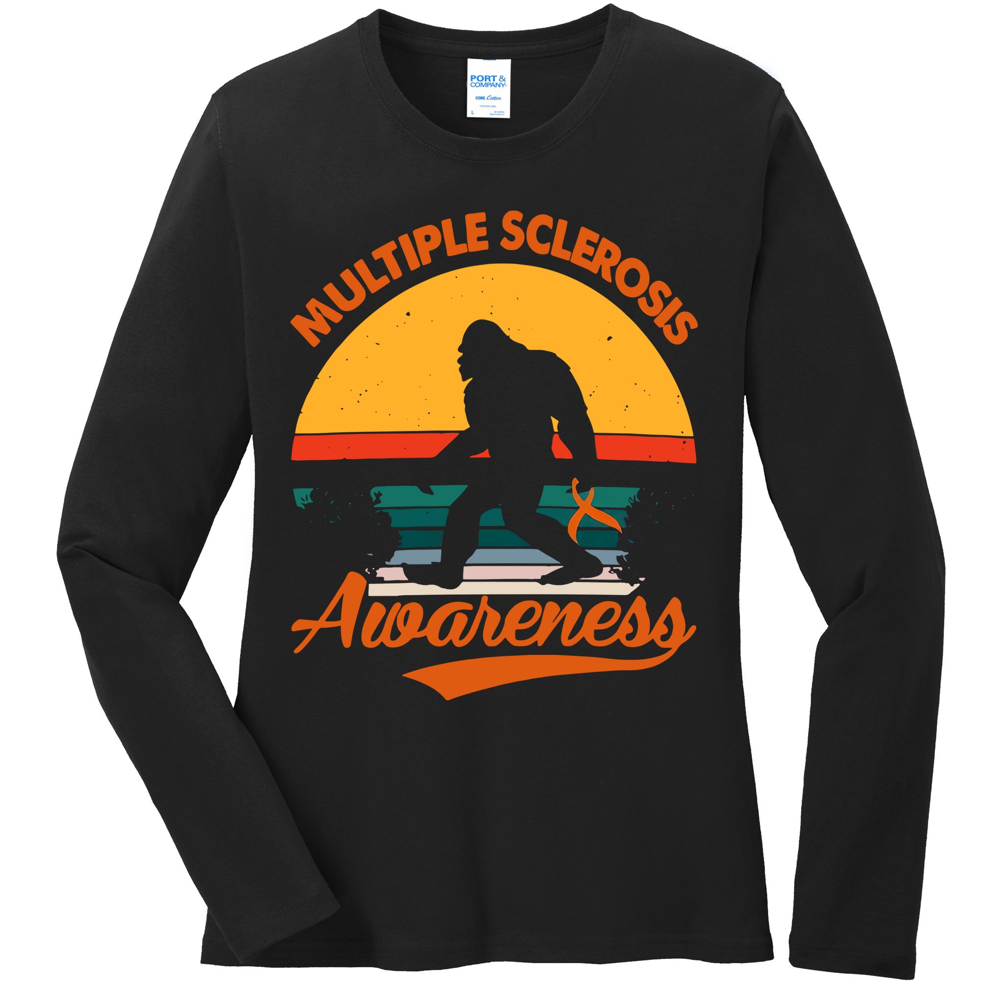 Bigfoot Multiple Sclerosis Awareness Vintage Orange Ribbon Multiple Scleros Ladies Long Sleeve Shirt