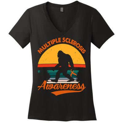 Bigfoot Multiple Sclerosis Awareness Vintage Orange Ribbon Multiple Scleros Women's V-Neck T-Shirt