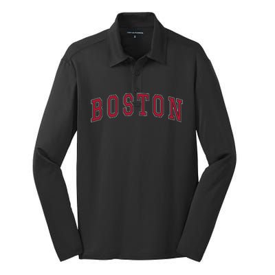 Boston Massachusetts Souvenir Sport College Style Text Silk Touch Performance Long Sleeve Polo