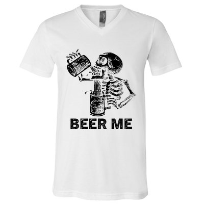 Beer Me Skeleton Scary Spooky Drinking Party Gift V-Neck T-Shirt