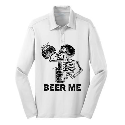 Beer Me Skeleton Scary Spooky Drinking Party Gift Silk Touch Performance Long Sleeve Polo