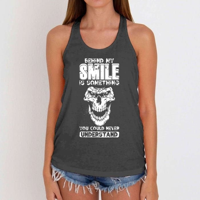 Behind My Smile Never Understand Depression Awareness Women's Knotted Racerback Tank