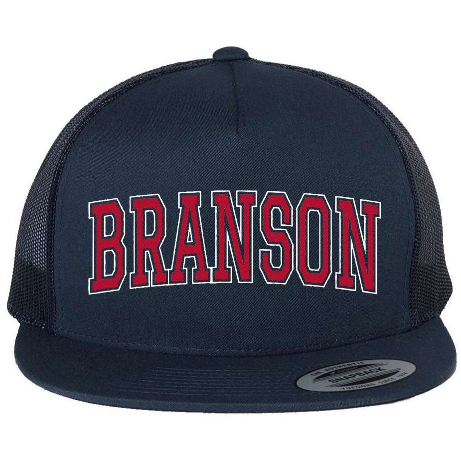 Branson Missouri Souvenir Varsity Style Red Text Flat Bill Trucker Hat
